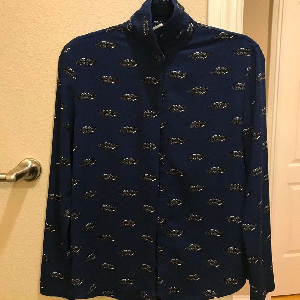 Dark Blue Blouse With Lips Pattern